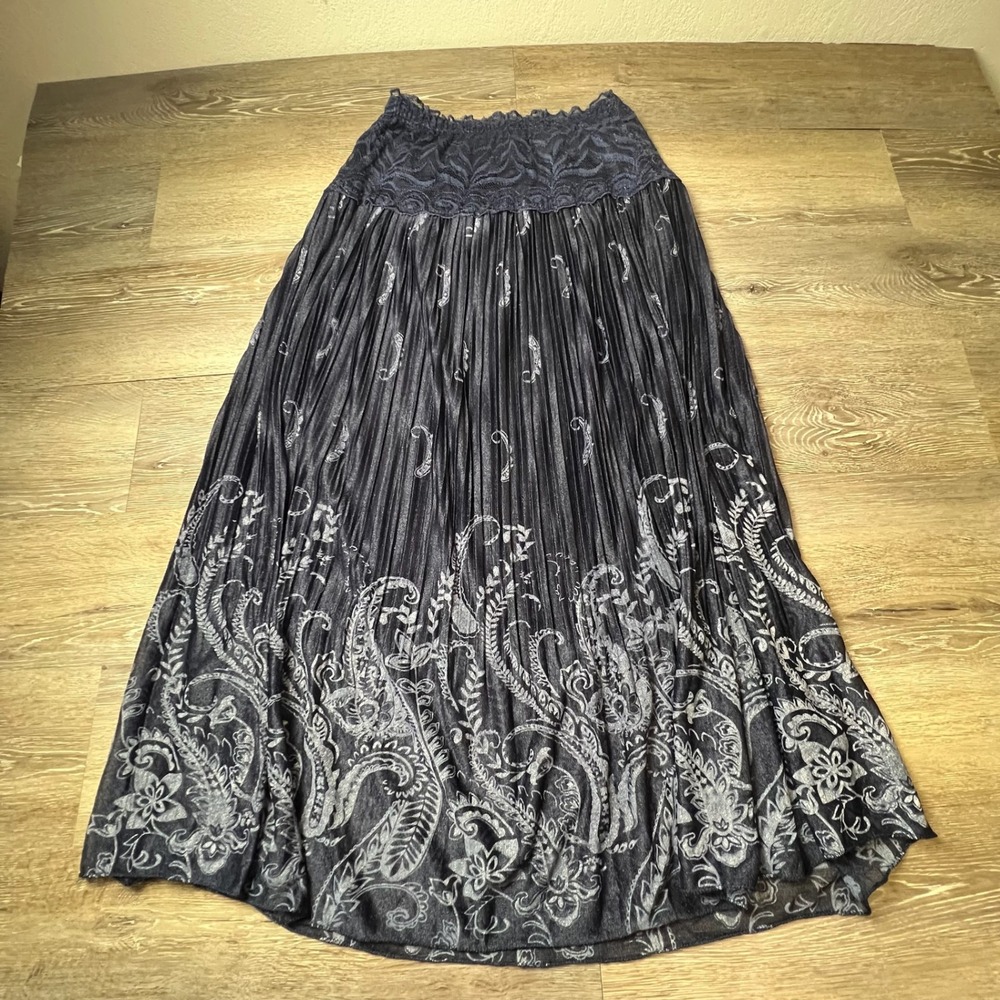 B&L Fashion Maxi Skirt Womens OS Navy Blue Paisley Pleated Lace Waist Boho Long